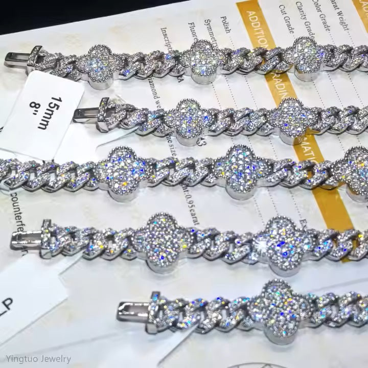 Hip Hop Fine Jewelry S925 Silver VVS D VVS Moissanite Bracelet Iced Out Four Leaf Clover Cuban Link Chain Men Bracelet