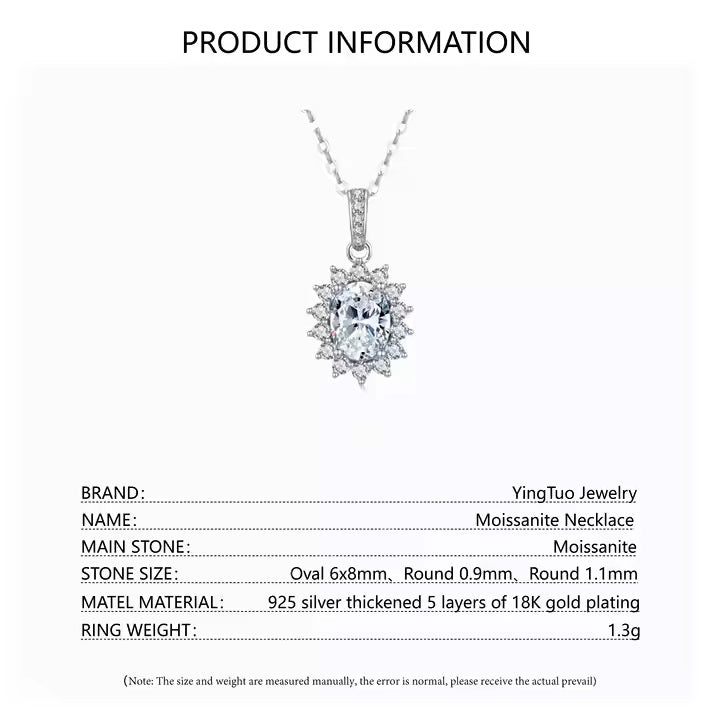 Oval 6x8mm 1.5ct 925 Sterling Silver 18K Gold Plated Moissanite Jewelry Diamond Pendant Women's Necklace