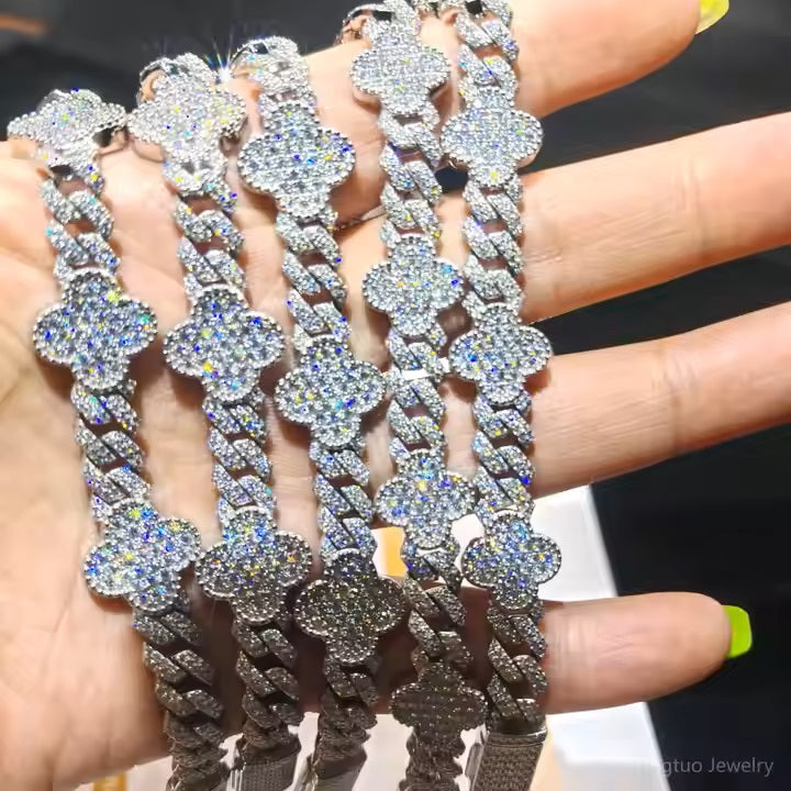 Hip Hop Fine Jewelry S925 Silver VVS D VVS Moissanite Bracelet Iced Out Four Leaf Clover Cuban Link Chain Men Bracelet