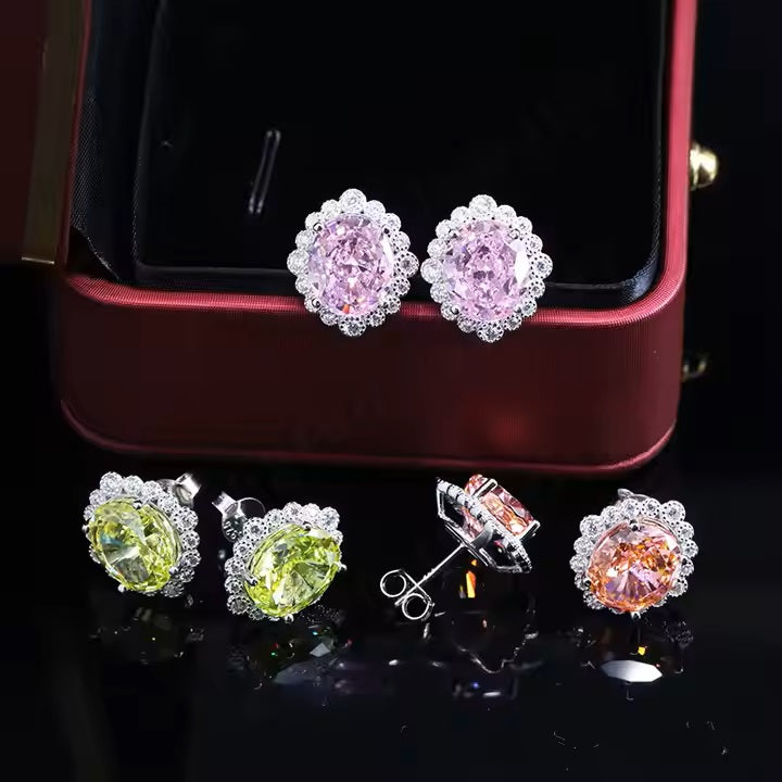 Ice Crushed Cubic Zirconia 18k Gold Plated Classic High-Carbon Diamond CZ Silver 925 Stud Earrings